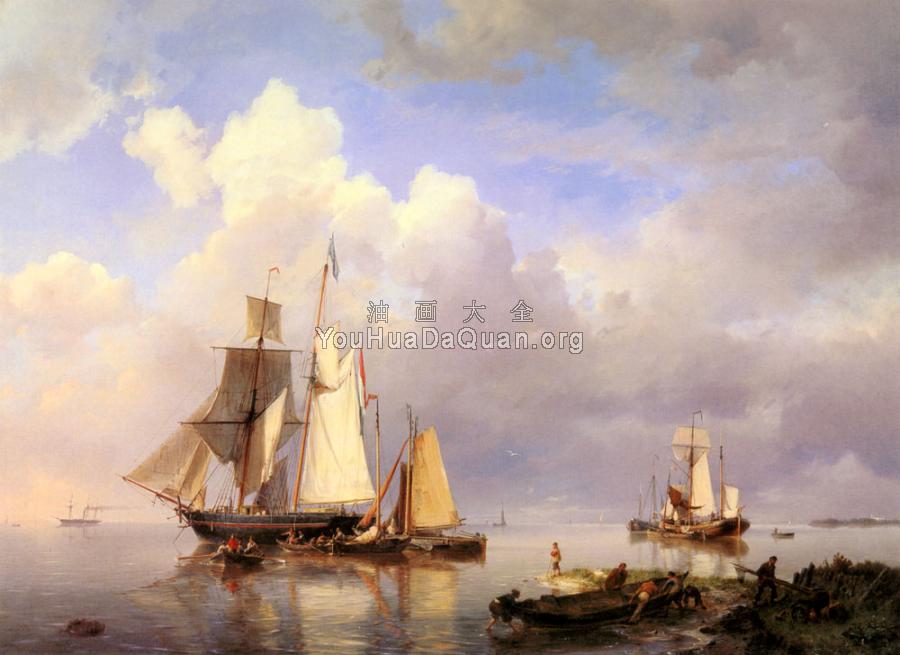 Vessels At Anchor In Estuary With Fisherman - 约翰内斯·赫曼努斯·库库克